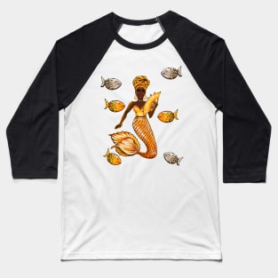 Queen Black is beautiful Anime Manga black mermaid and fishes in ocean blue. Gold headscarf, necklace, earrings, gold dress and head wrap, brown eyes and dark brown skin ! Baseball T-Shirt